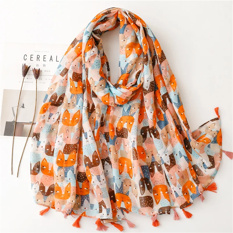 2023 New Cute Cat Pattern Tassel Scarf Shawls Long Women Soft Foulard Animal Print Head Wrap Hijab Scarves Free Shipping