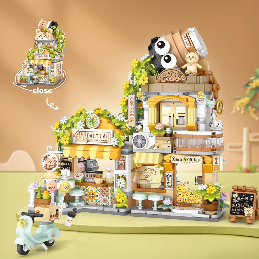 New Cute Little Bear Cafe Flower Shop Panda Tea House Mini Folding Building Block DIY Assembly Puzzle Toys For Kids Adults Gifts