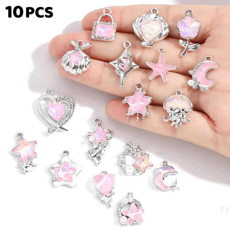 [YU]10Pcs Alloy Mixed Style, Inlaid Pink Resin Rhinestone Star And Moon Pendant, Diy Necklace, Bracelet Accessory