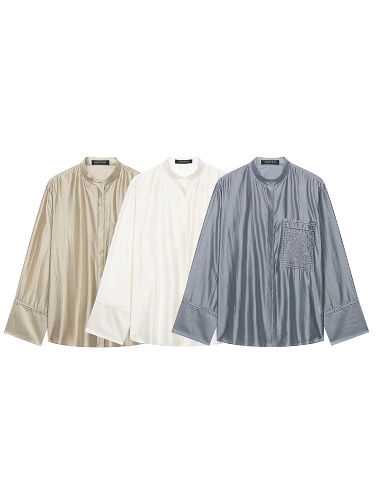 HH Elegant Satin Embroidered Shirt For Women 2026 Summer Stand Collar Long Sleeves Embroidered Pockets Chic Street Thin Blouse