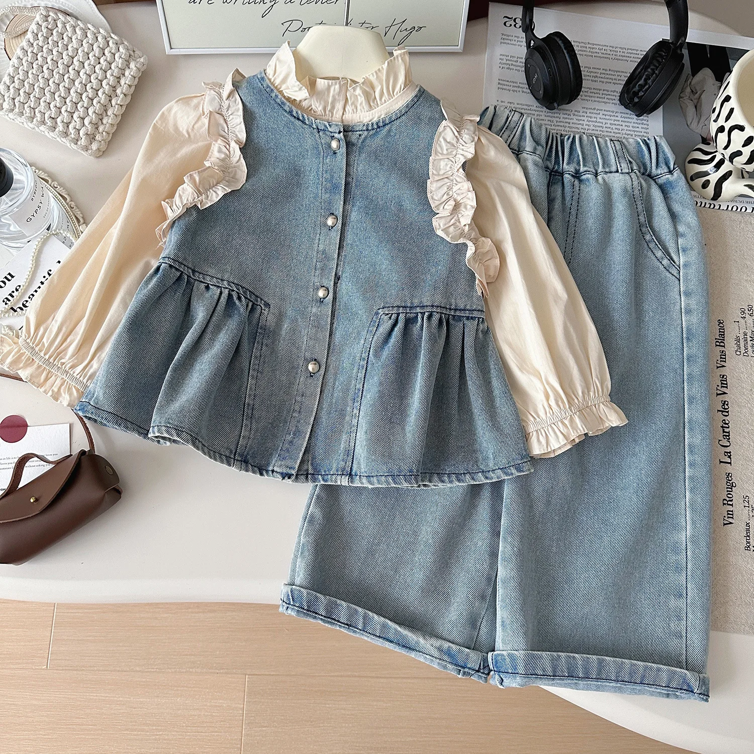 

Girls Denim Clothes Sets Spring Autumn 2025 Children Princess Vest Shirts Pants 3pcs Cute Suit For Baby Girls Outfits Kids 6 7Y