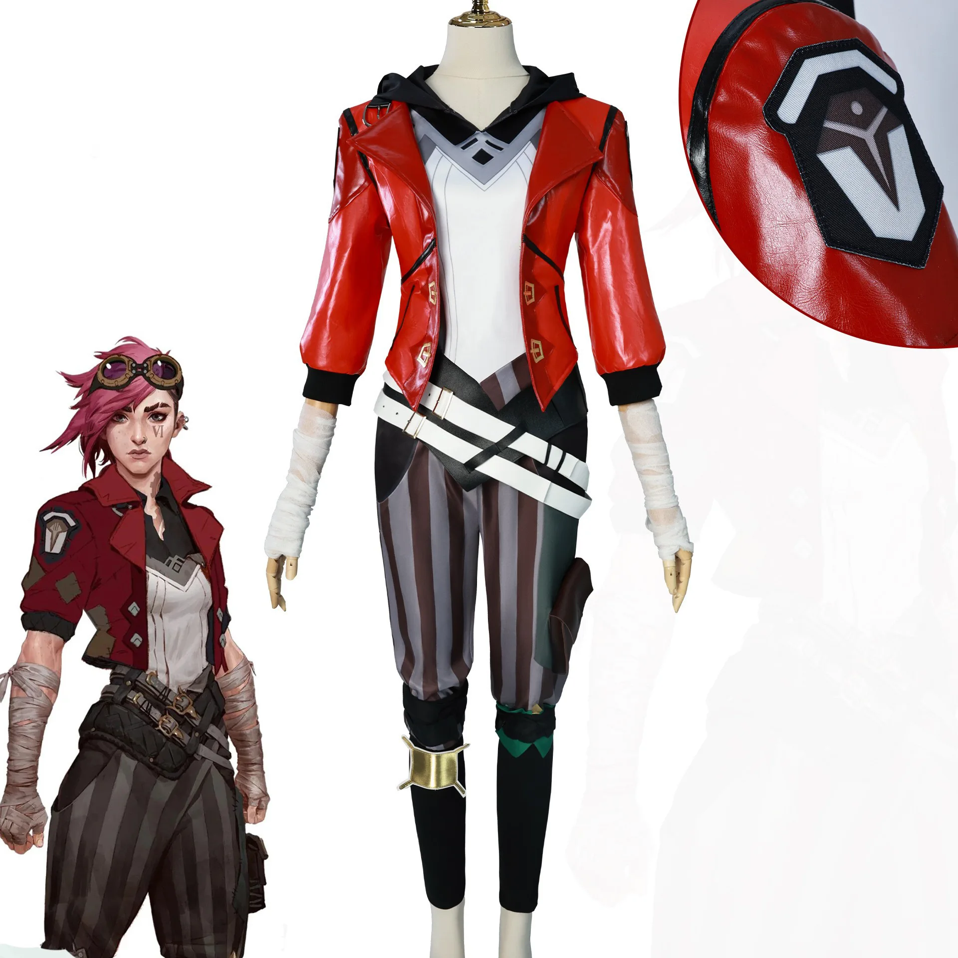 

Vi Acrane Cosplay Game LOL Costume Vi Black VI Wig Outfits Red Short Leather Coat Set Anime Halloween Red Short-Sleeve Set