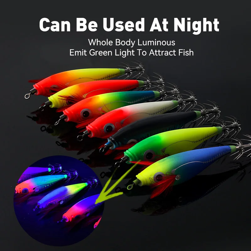 LEYDUN Luminous Horizontal Squid Jig Wood Shrimp Squid Hook 5pcs 14pcs Fishing Lures Octopus Cuttlefish Shrimp Saltwater Baits