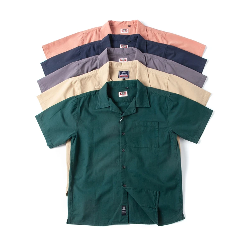 Washed Pure Cotton Cuban Collar Short Sleeve Loose Fit Men's Shirt Summer Youth Fashion Casual Style Classic  Color Top