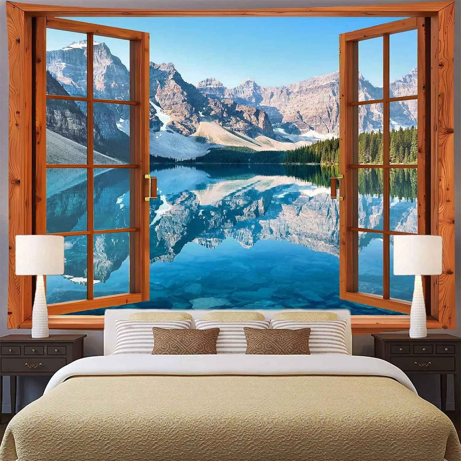 Window Tapestry Mountain Lake Forest Scene Tapestry Nature Landscape Wall Hanging, Flannel Art Large Tapestries Flannel