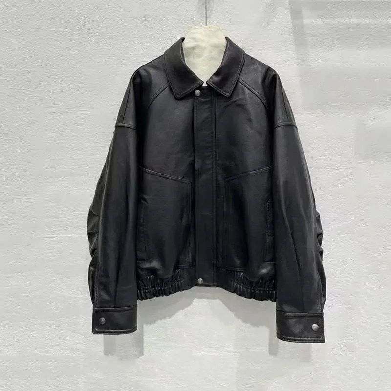 Echte Lederjacke Umlegekragen Kleidung Kurze Länge Lose Stil Frauen Mantel Frühling Herbst