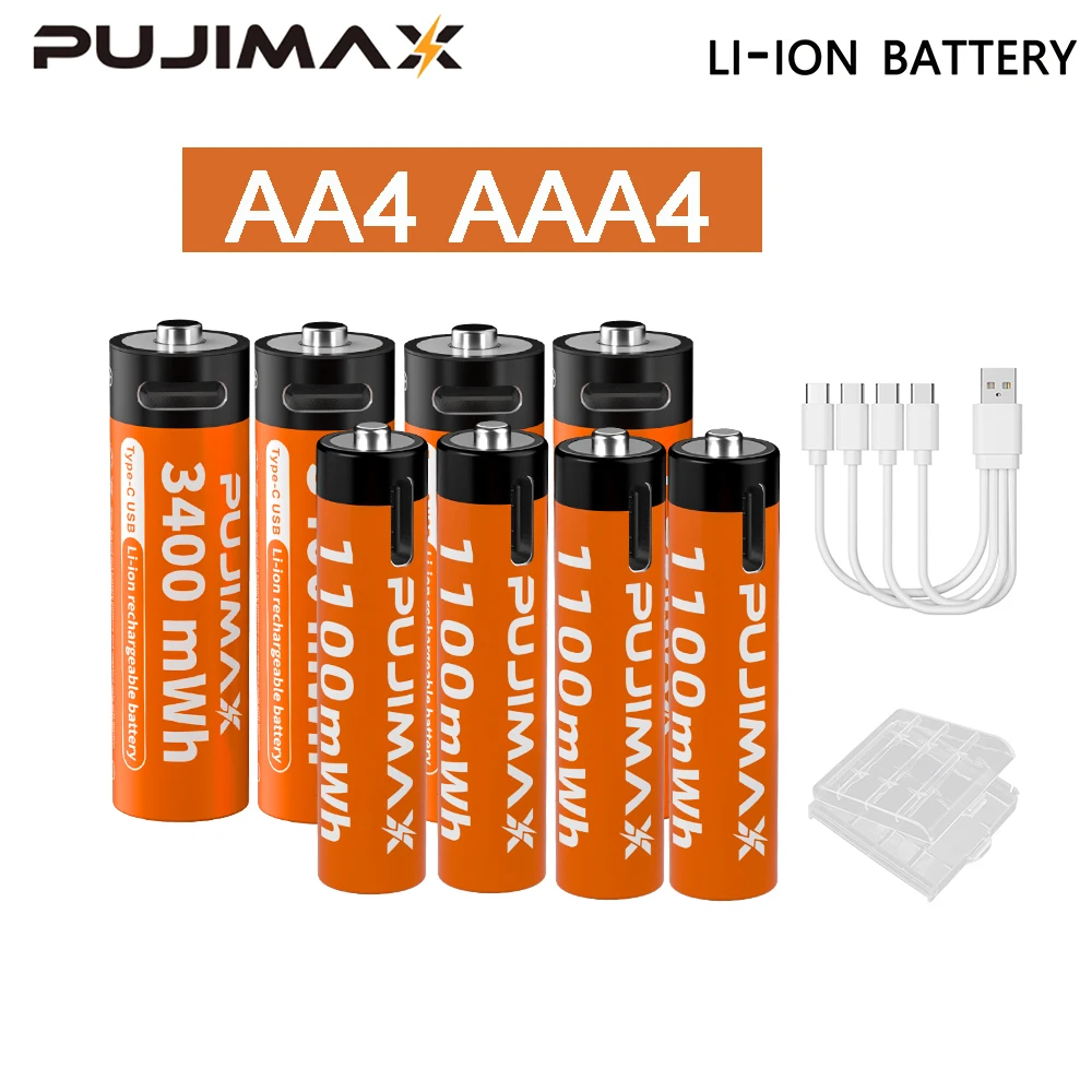 PUJIMAX 1,5 V AA en AAA oplaadbare lithiumbatterij 3400 mWh/1100 mWh, Type-C-poort Opladen worden hergebruikt 1500 keer voor wekkers