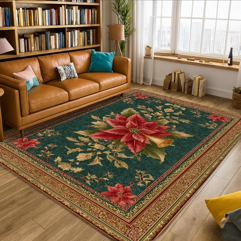 Pinecones Area Rug, Christmas Rustic Holly Berries Red Carpet, Xmas Home Floor Rug for Living Room Bedroom Dining Office Decor