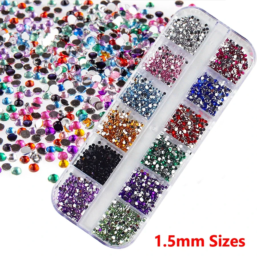 Cristalli per unghie con strass rotondi colorati da 3000 pezzi da 1,5 mm con custodia per decorazioni per nail art fai da te
