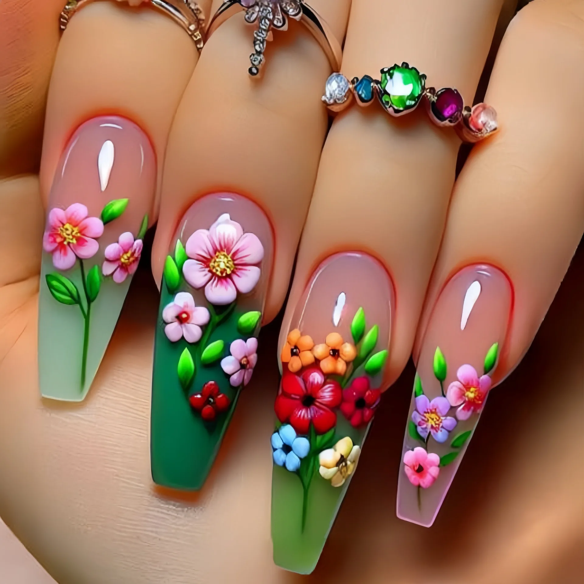 24 pièces/ensemble faux ongles mi-longs dégradé bleu océan poisson soleil fleurs papillon carré ballet été conseils presse sur faux ongles