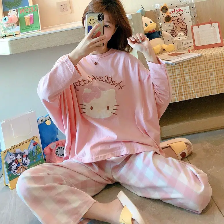 Sanrio Kawaii Hello Kitty Printed Long-sleeved Pyjamas Kuromi Anime Cartoon New T-shirt and Trousers Loungewear Set Casual Suits