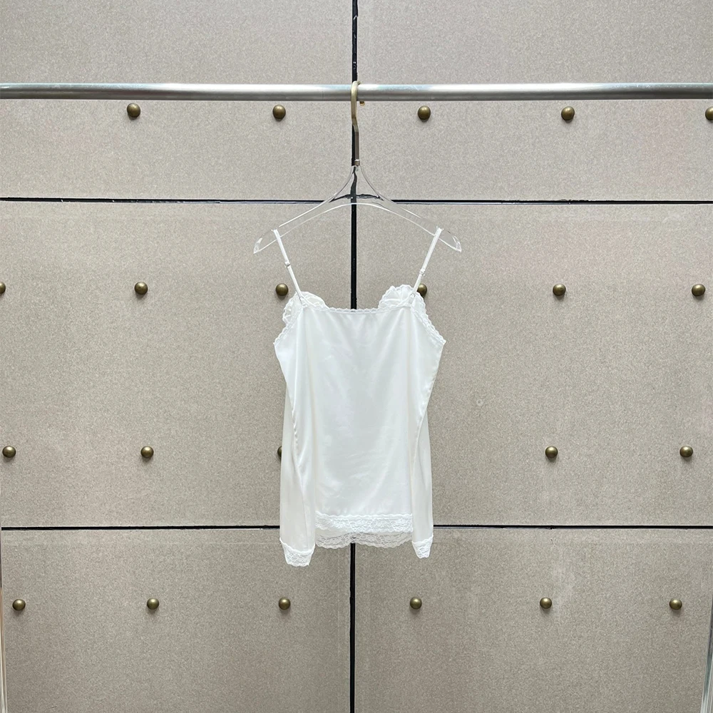 Women's Lace Ruffle Trim Satin Camisole, Elegant Spaghetti Strap Cami Top, White/Black, Sexy Lingerie Style for Summer Daily