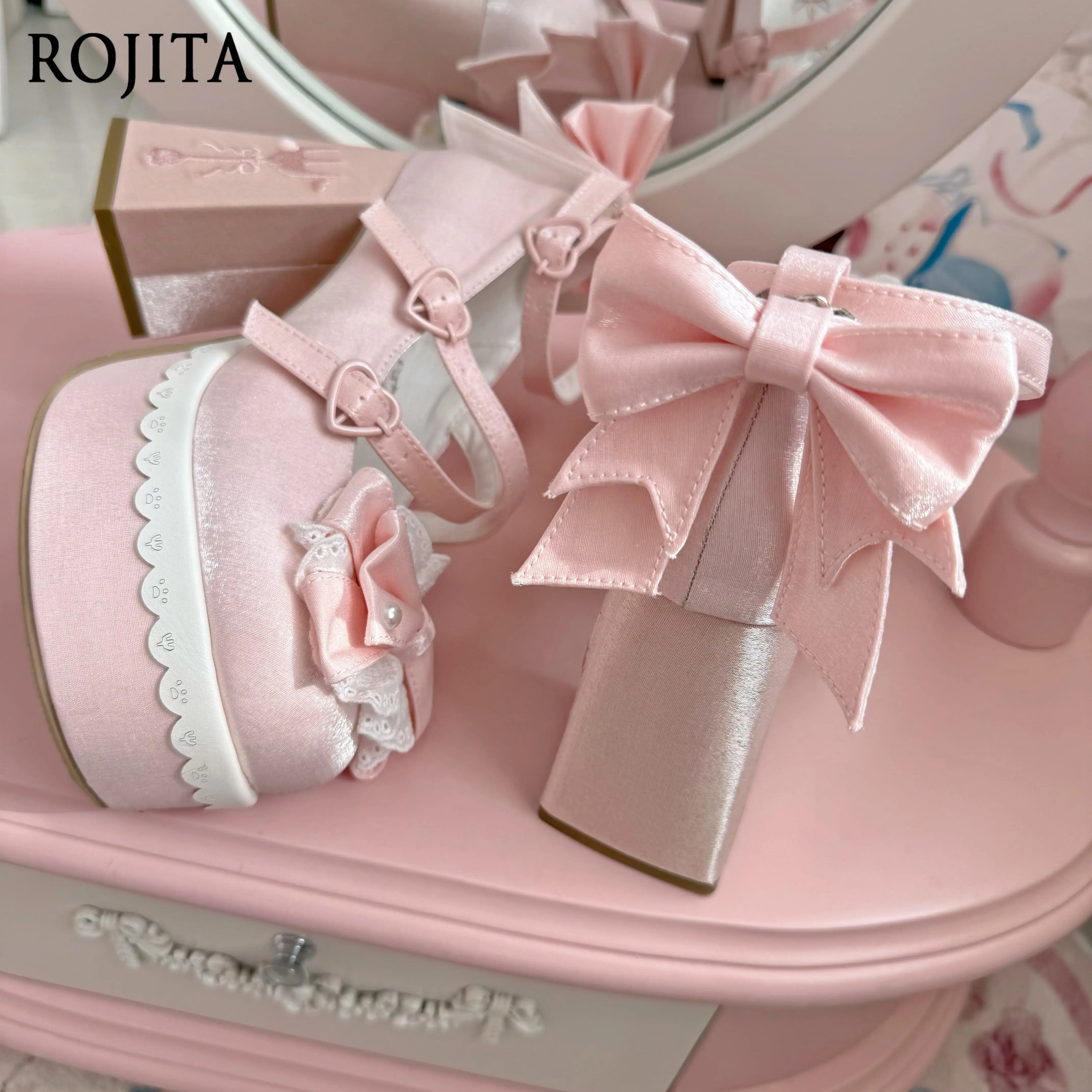 

High Heels Japanese Versatile Student Cute Lolita Elegant Style Satin Platform Heels Wedding Shoes Bride Womens Shoes