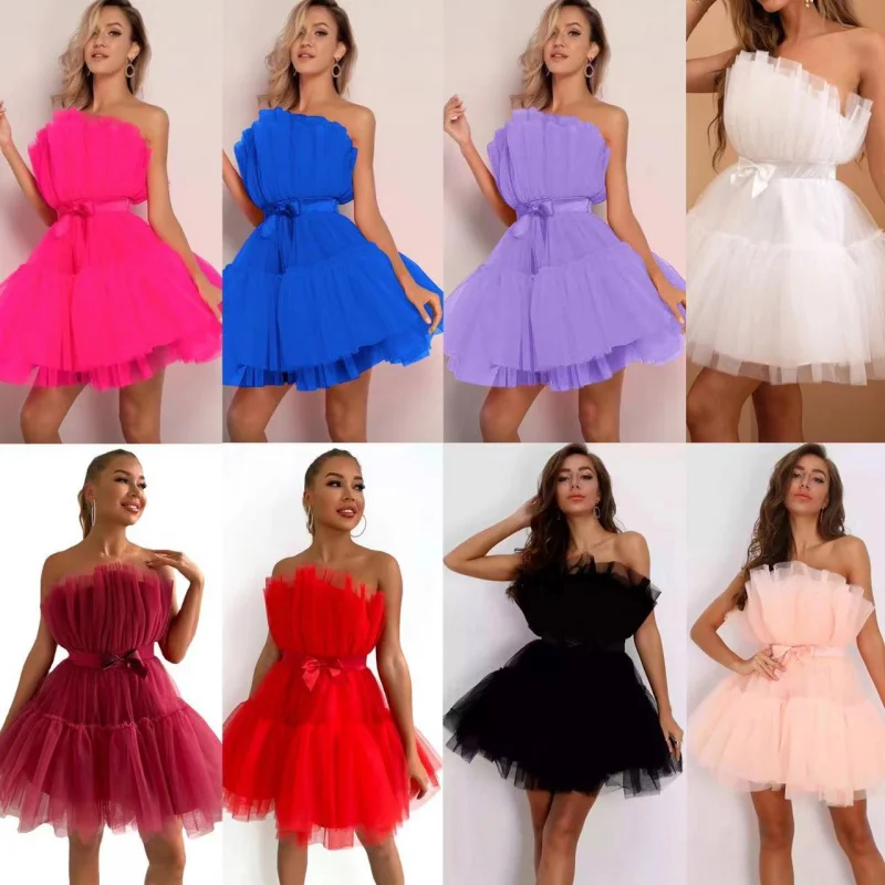 

2025 European and American Style Tube Top Mesh Graceful Bow Petti skirt C001