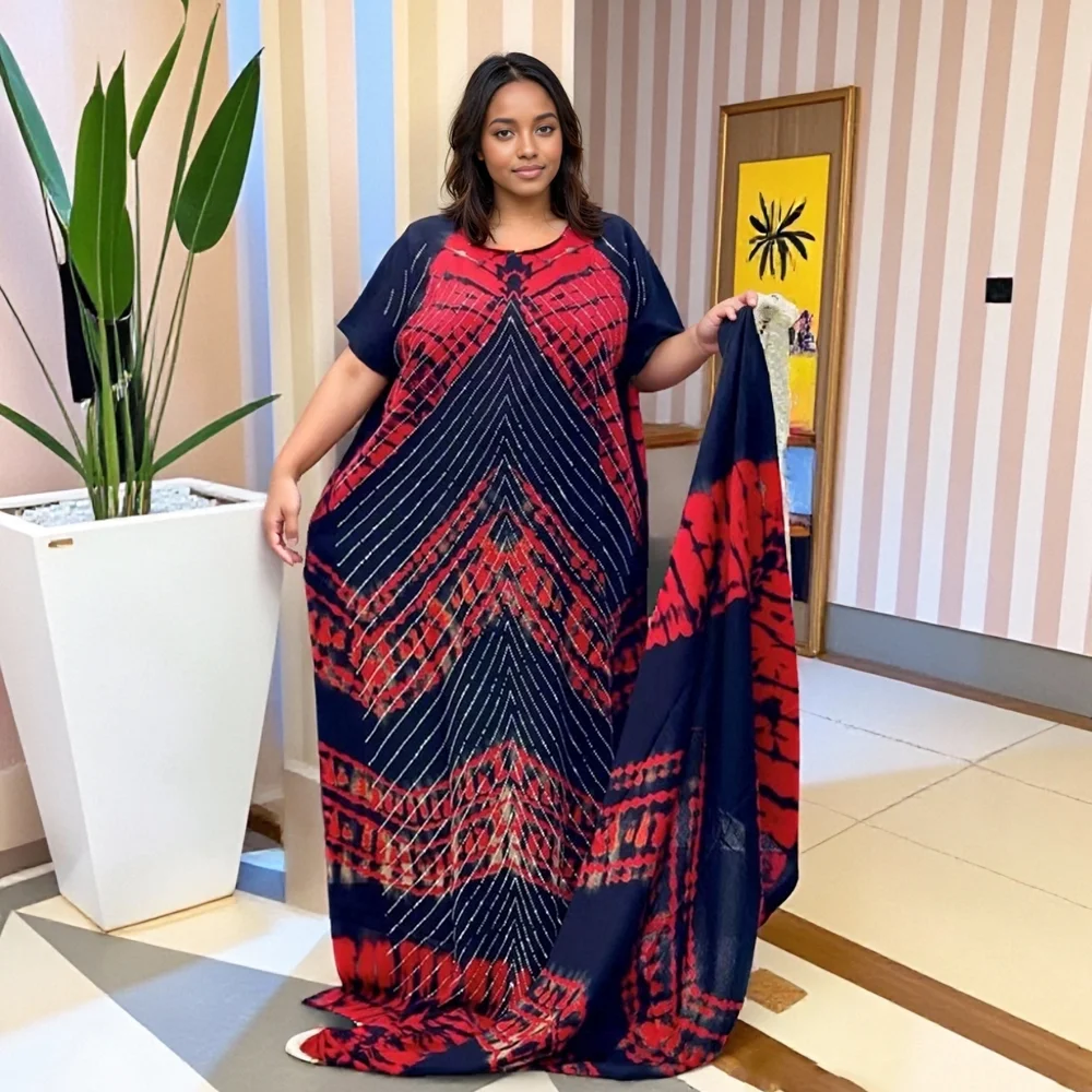 

2025 New Loose and Fashionable Printed Hot Diamond Large Scarf Ethnic Robe African Summer Women's Cotton Long Skirt