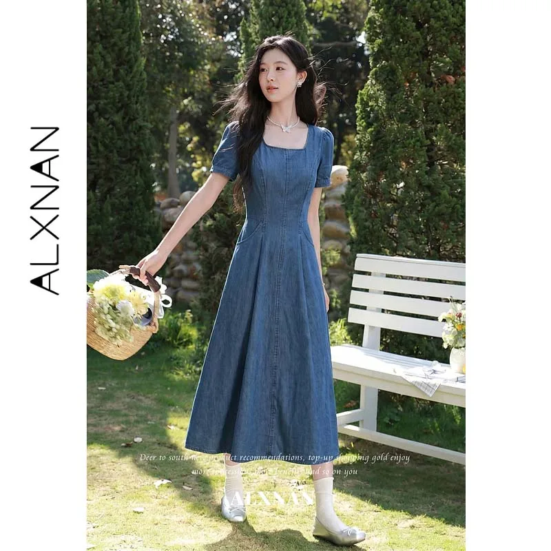 ALXNAN Square Neck Blue Denim Dress Women Summer Cotton Elegant Casual Slim Waist Vacation Long Dress Ladies Clothing L66153A