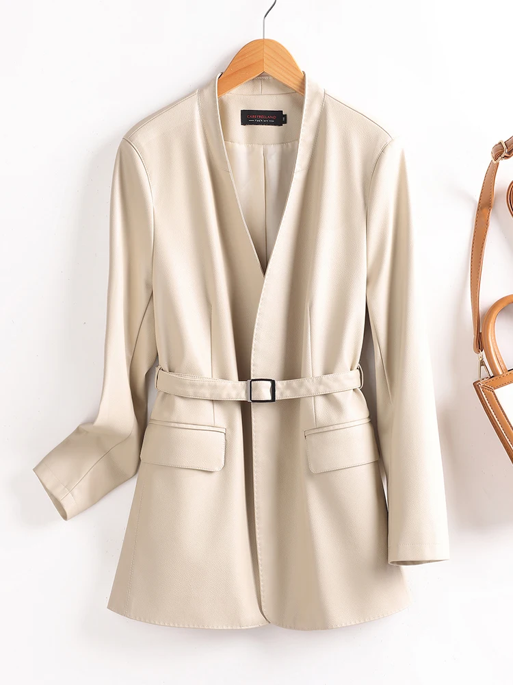 

Haining Genuine Leather Jacket Women's Medium Long Sheepskin Coat Spring Autumn New Style Belt Slim Fit Leather Jacket