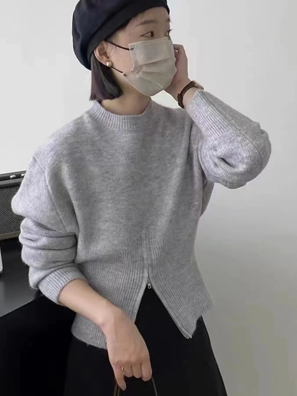 

Высококачественный вязаный круглый свитер на молнии, женский свободный утягивающий топ на осень-зиму 2023, новинка Sle