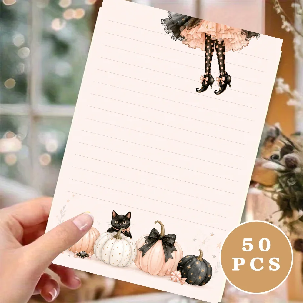 50 Sheets,Healing Pink Girly Pumpkin Black Cat Writing Paper, Lined, Glue-free, Perfect For Notebooks, Memos, And Stickers