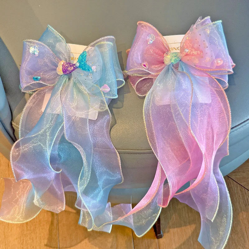 8 PCS/Lot, Mermaid Organza Hair Bows Clips Girls Mesh Bowknot Tassel Ponytail Hairpins Kid Party Hair Accessories