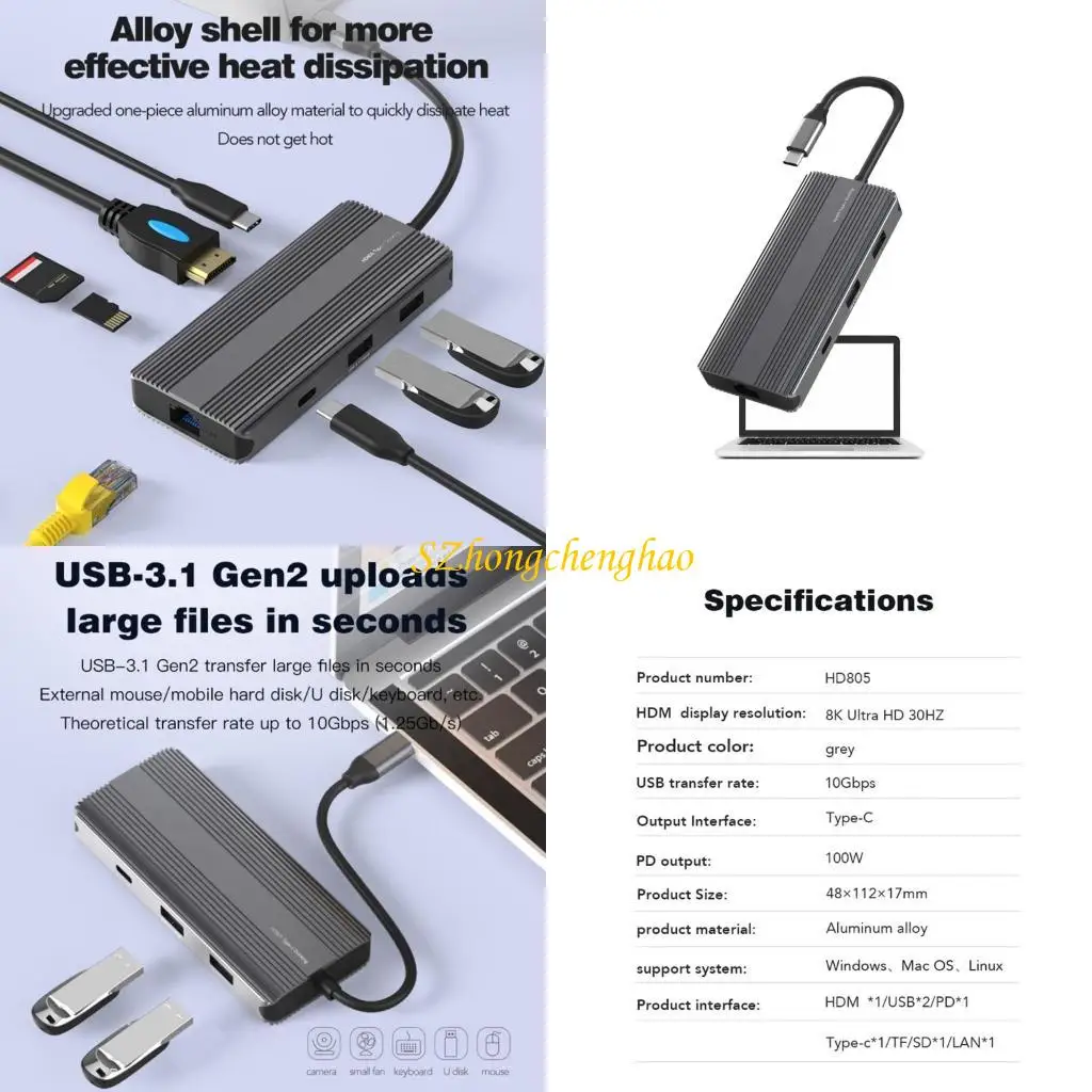 

USB3.1 Typec Hub Splitter Support HDTV PD100W RJ45 1000M Docking Station TF 601D