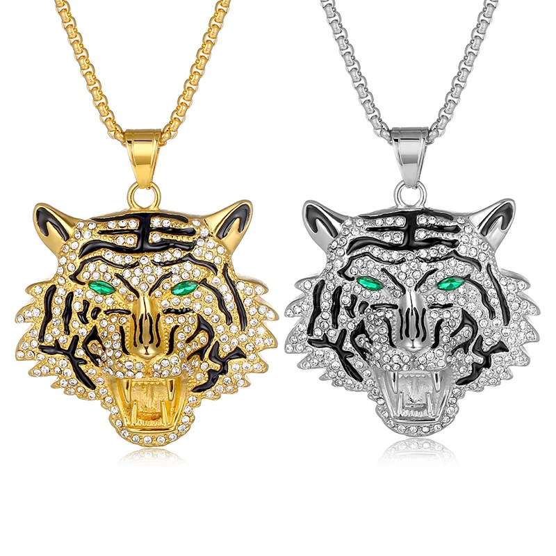

Hip Hop Bling Iced Out Stainless Steel Tiger Animal Pendants Necklace for Men Rapper Jewelry Gold Silver Color