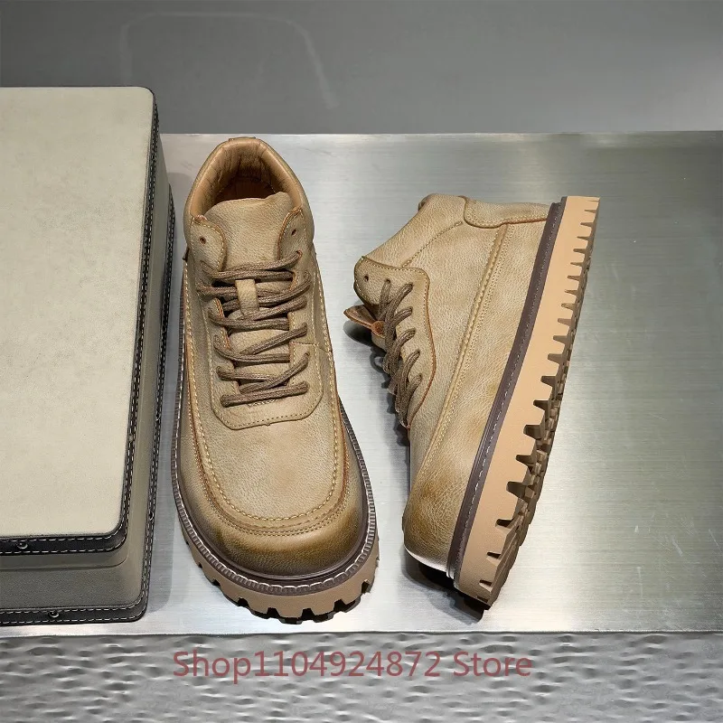 Designer Luxury Casual Work Leather Shoes Men's High Top Oxfords Thick Sole Outdoor Walking Boots Male Work Lace Up Ankle Boots