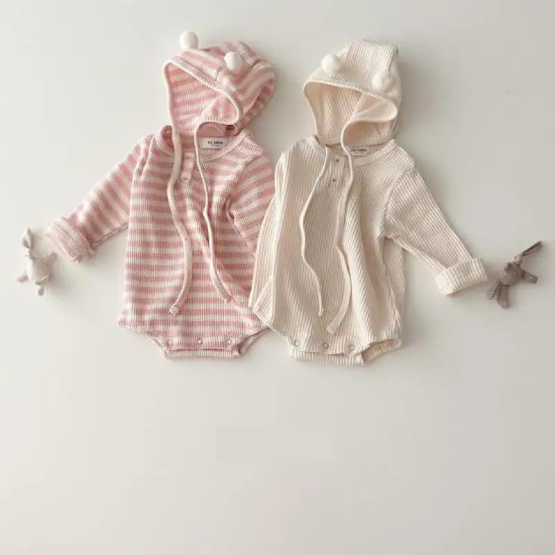 Spring Autumn Newborn Girl Infant Ribbed Solid Casual Long Sleeve Bodysuit + Lacing Caps 2pcs Boy Baby Cotton Striped Onesie