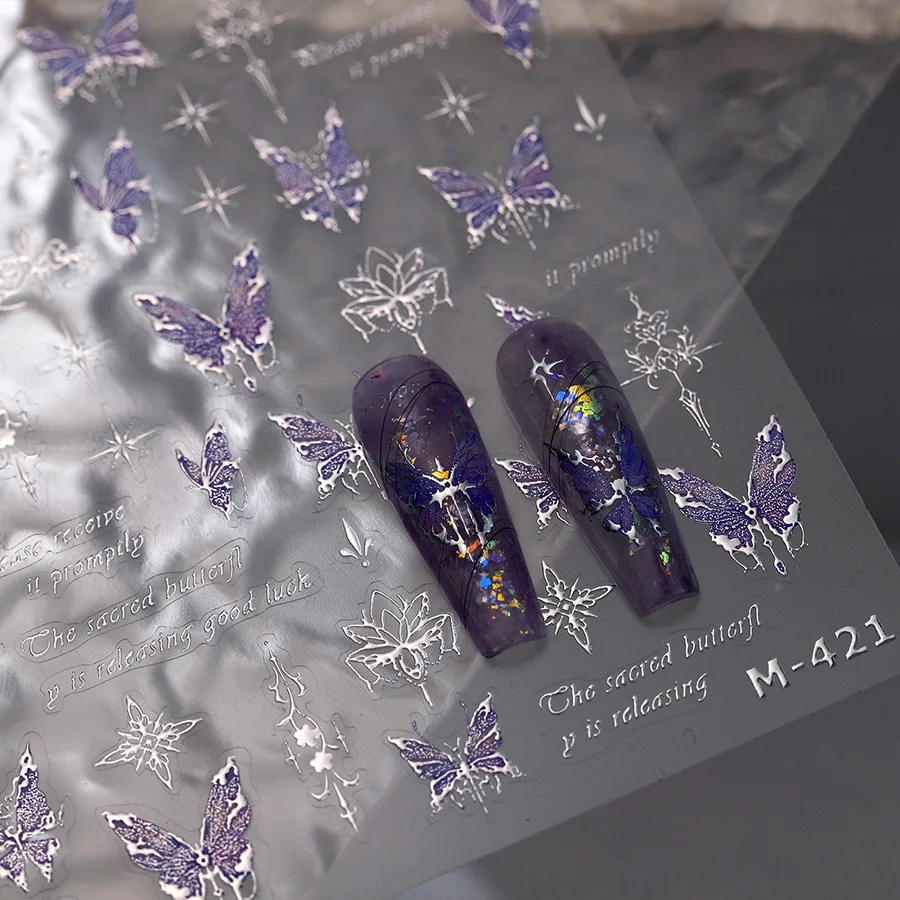 

5D Relief Luxury Purple Butterfly Silver Edge Stamping Starlight Adhesive Nail Art Stickers Decals Manicure Beauty Ornaments