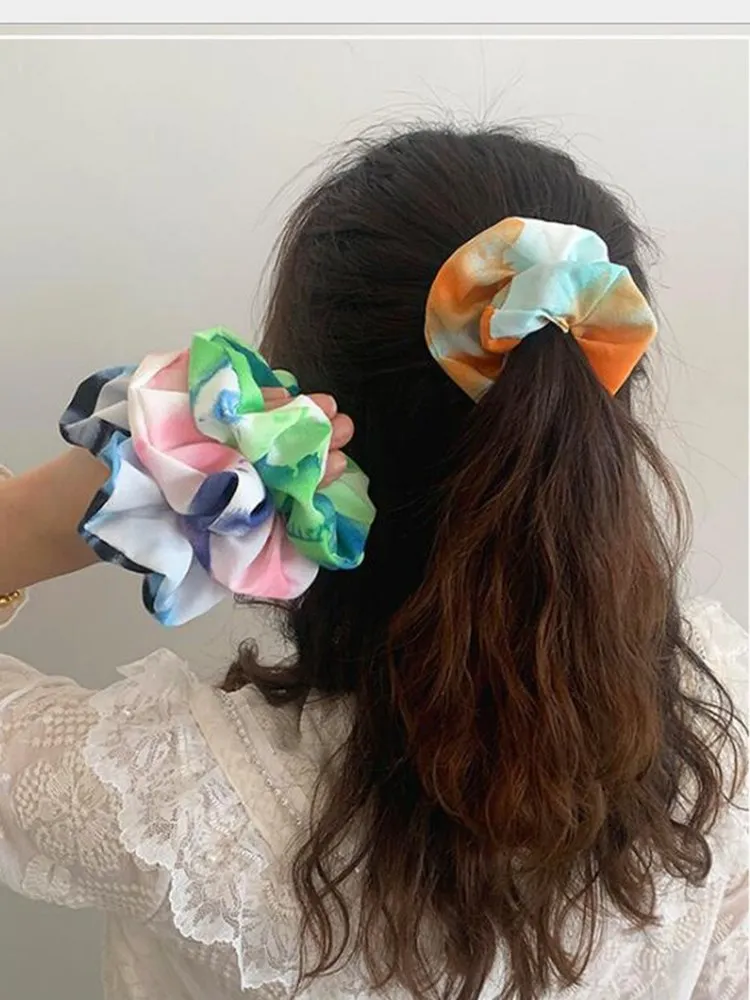 

Fashion Woman Scrunchies Korean Elegant Girl Hair Ties Starry Sky Rainbow Pattern Hair Bands Elastic Female Hair Accessories