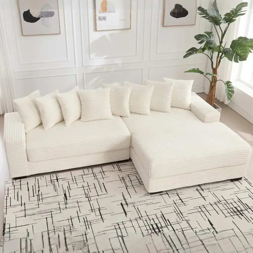 L-Shaped Corduroy Sofa with Right Chaise, Extra-Wide Lounge, 8 Pillows, Ideal for Living Room, Office, Hotel, Bedroom, Beige