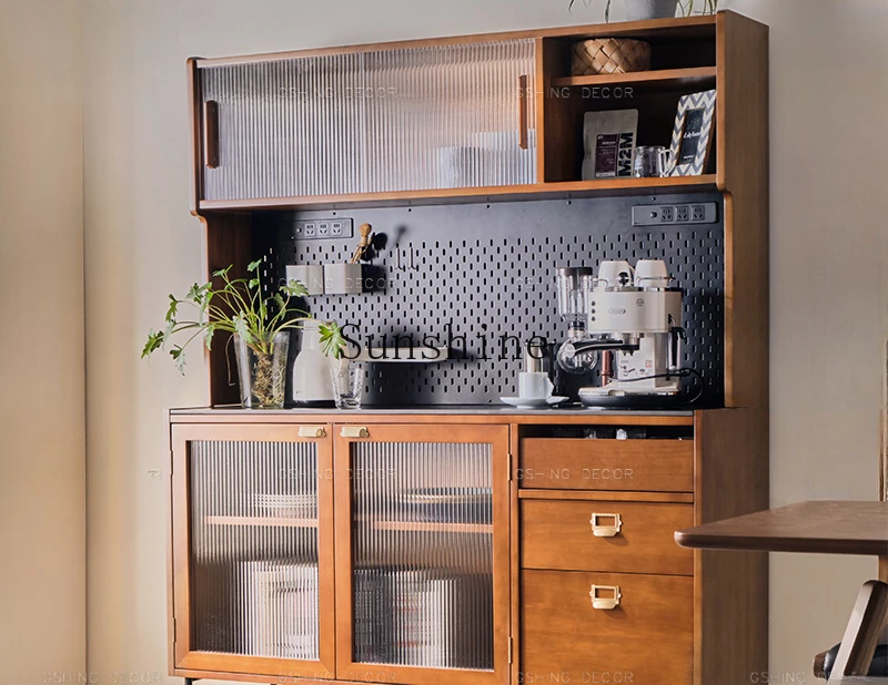 Retro solid wood rock slab dining side cabinet combination integrated high cabinet against the wall to store tea cabinet