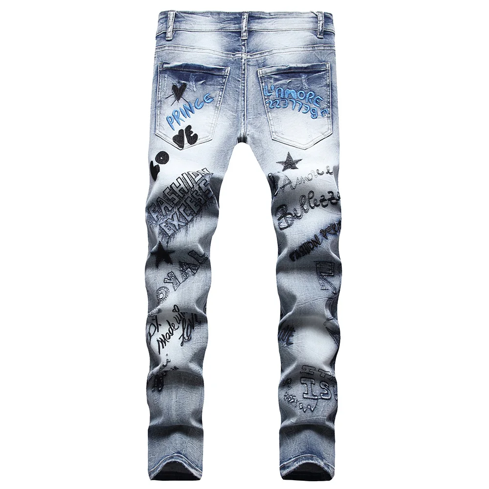 Men Letters Embroidery Denim Jeans Light Blue Slim Straight Pants Streetwear Stretch Spandex Cotton Trousers