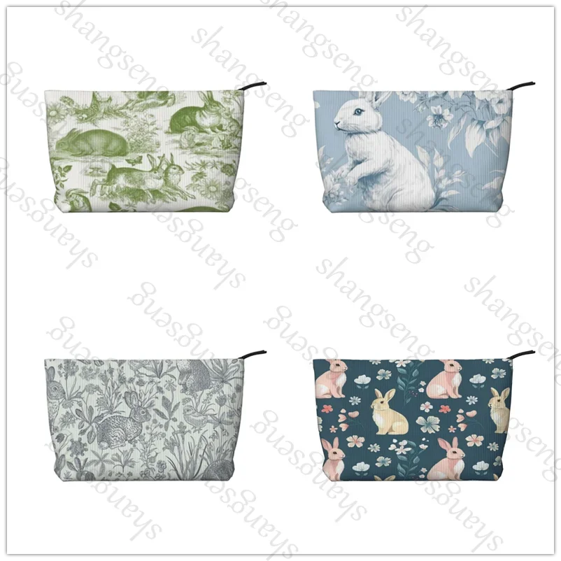 Cosmetic bag toiletry storage bag ladies box, corduroy cosmetic bag, travel zipper storage bags Vintage Blue Floral Rabbit