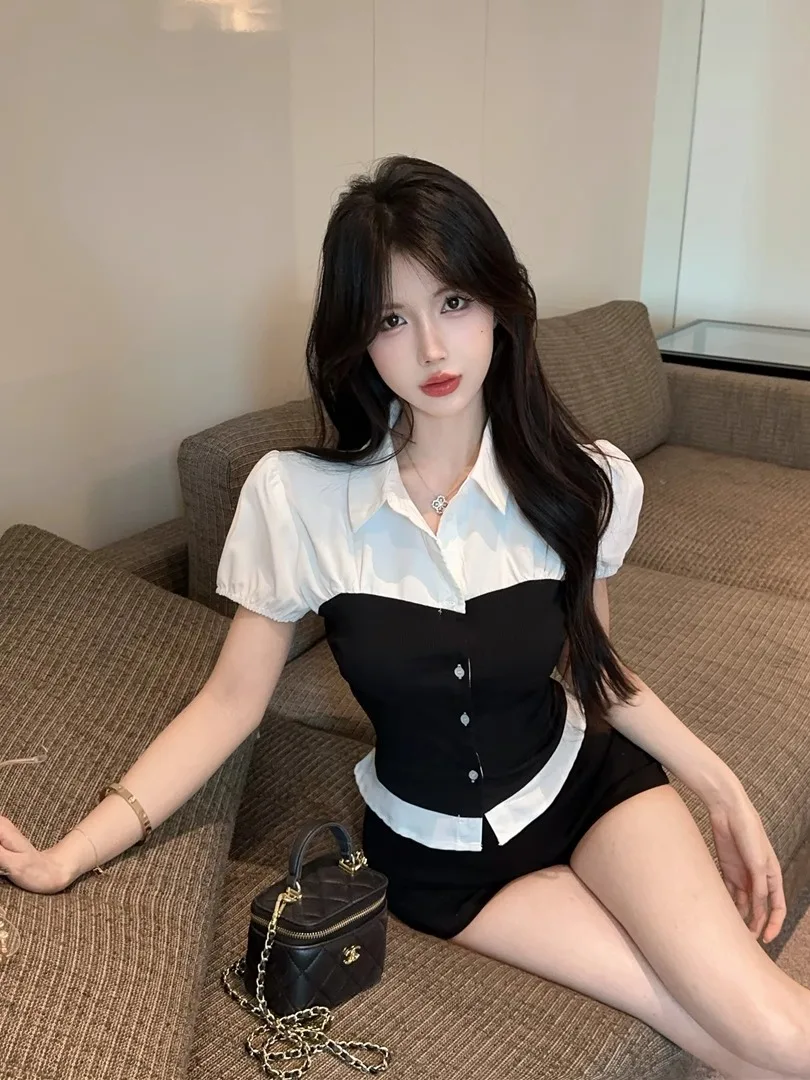 

Unique Collar Bubble Sve irt Women's Summer Slim Fit ort Sve Unique Waist-Cut Design Korean Sle Faion Top