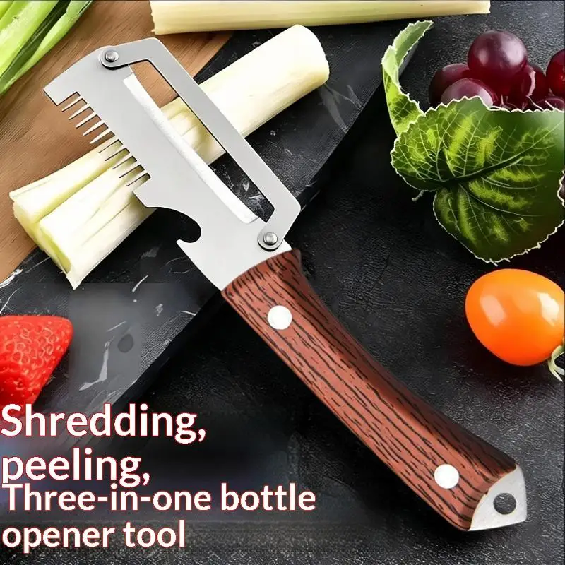 ~Multi-Functional Vegetable Peeler For Kitchen, Ultra- Stainless Steel Blade With Wooden Handle And Bottle Opener