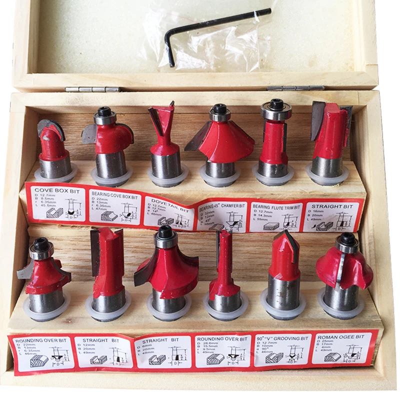 12 pz/set 1/4 "Set di punte per Router in carburo di tungsteno con codolo professionale Set di utensili per custodia in legno Set di punte per fresa