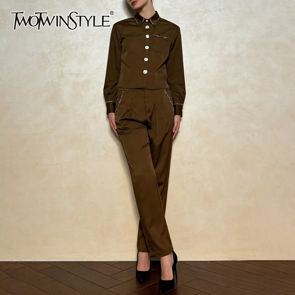 

TWOTWINSTYLE Solid Spliced Buttons Two Piece Set Female Lapel Long Sleeve Shirt Casual Lazy Women's Trousers Set Autumn Fashion