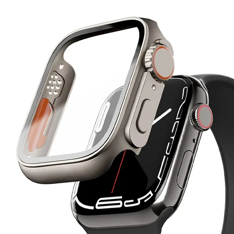 Kaca + casing untuk Apple Watch 9 8 7 45mm 41mm 44mm pelindung layar berubah menjadi penutup Ultra untuk iWatch seri 4 se 5 6 42mm 38mm 40mm