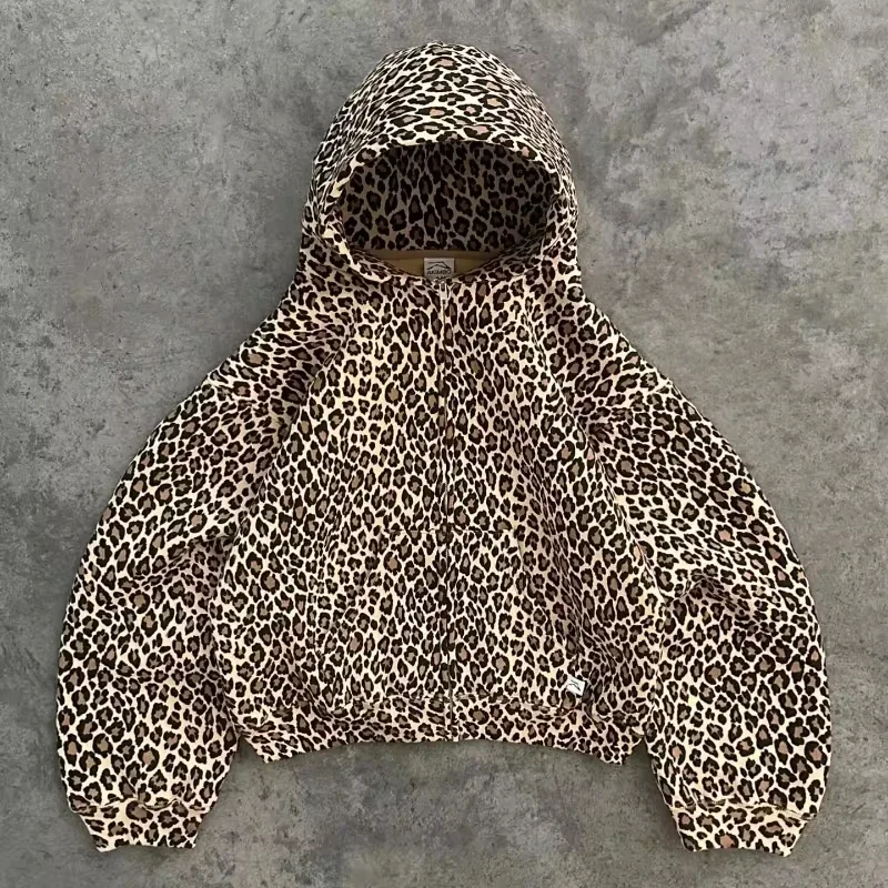 American Y2K New Fleece Padded Leopard Zipper Hoodie Women Street Fashion Trend Warm Sweatshirt Couple Casual Loose Punk Hoodie