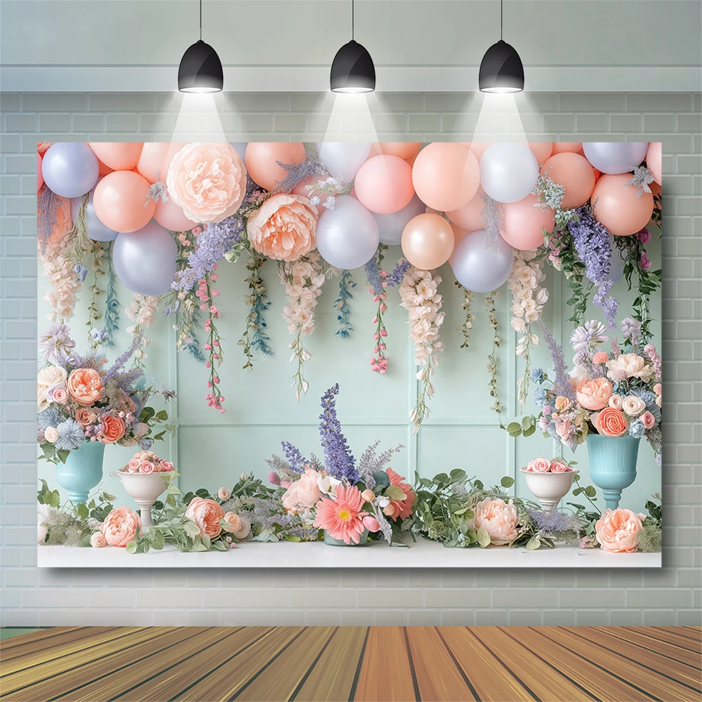 

Spring Tea Garden Balloons Backdrops Kids Girl Photography Props Child Adult Photocall Decors Floral Classic Wall Backgrounds