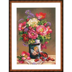 Amishop Gold Collection Counted Cross Stitch Kit Cupid's Flowers Bouquet Vase Peonies Flower Peony Merejka K 91