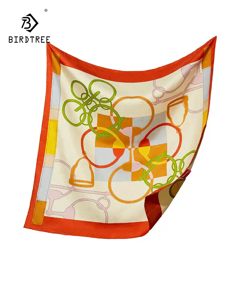 

BirdTree, 18 мм 100% гладкий французский платок, 63 см для женщин с современным принтом, шарф оригинального дизайна подарков, осень 2024 A46282QC