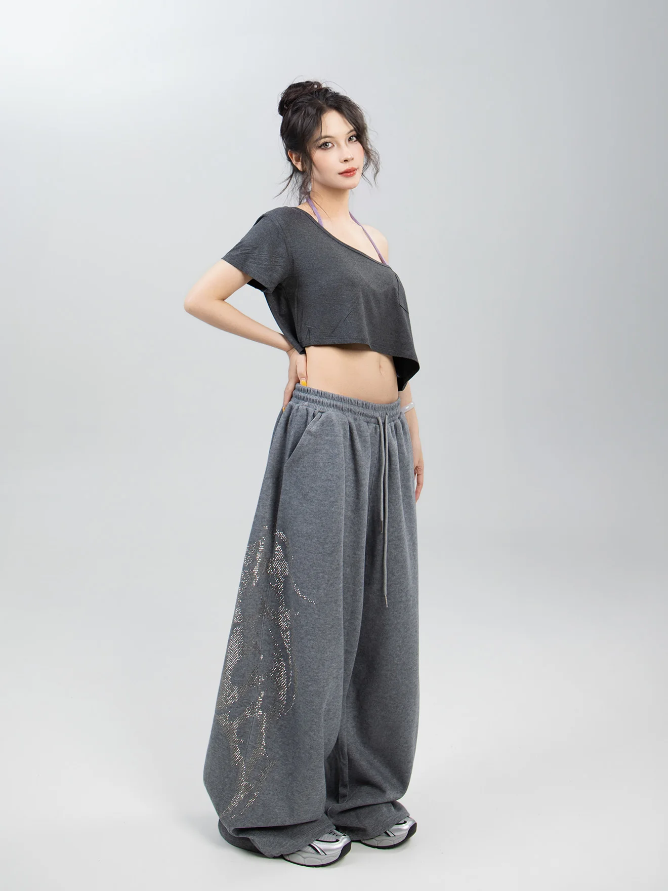 ROKBBK-K Street Style Wide Leg Casual Dance Pants Women's Loose Fit Draped Drill Embellished Casual Trousers by Buhuan