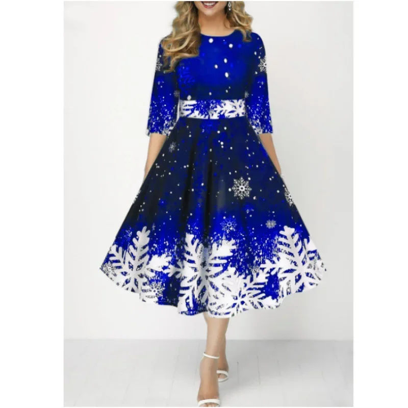 Estilo de natal roupas femininas novo outono inverno moda personalidade floco de neve impressão digital meados manga cintura cinching vestido