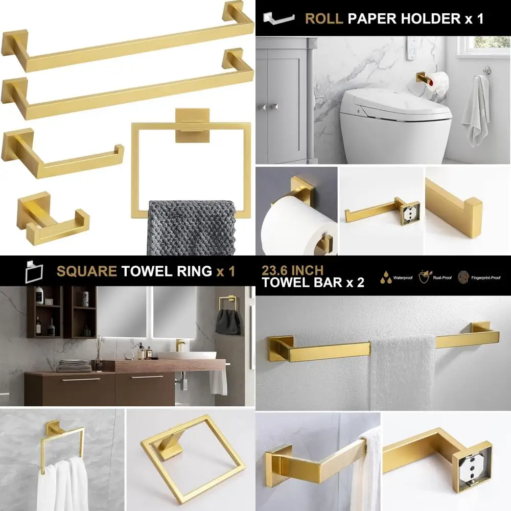 Gold Wall Mounted Towel Bar Set, 5-Piece Bathroom Hardware Collection with Towel Rack and Holder