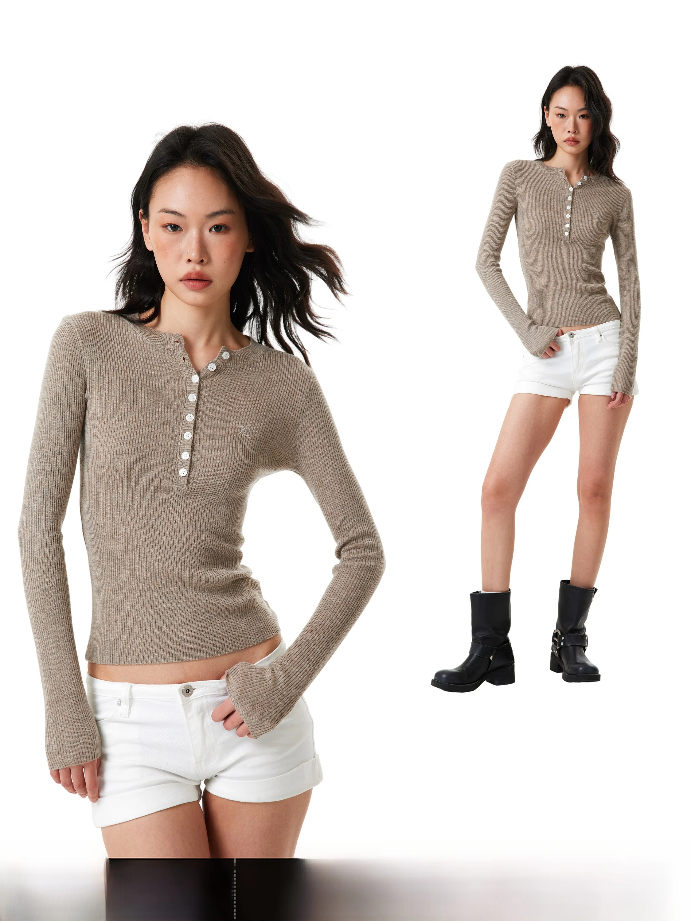 

Женский облегающий трикотажный топ цвета хаки с воротником хенли и длинным рукавом, повседневный стиль, весна 2026, сексуальный, утягивающий силуэт