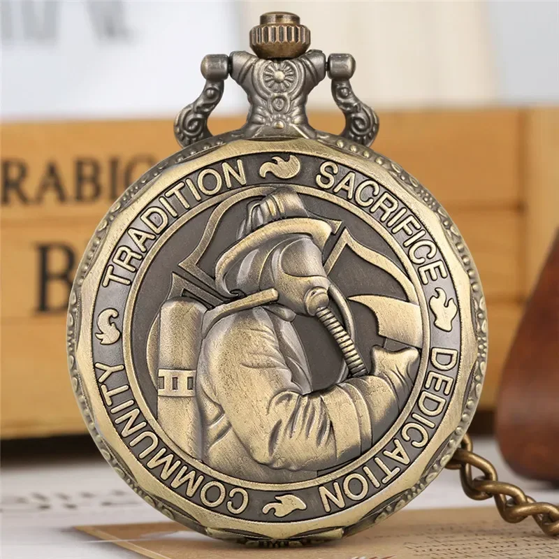 Steampunk Saint Florian Patron Saint of Fire Fighters Design Antique Quartz Analog Pocket Watch Full Hunter Necklace Fob Chain
