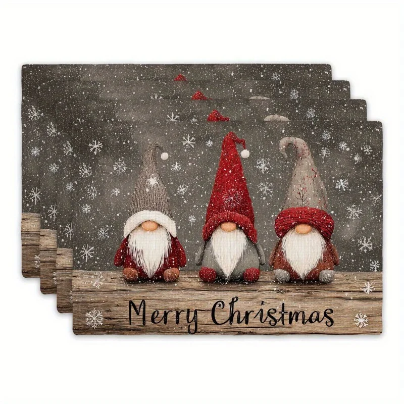 Christmas Gnome Snowflake Linen Placemats Set, Winter Printed Table Mats, Xmas Dining Table Decor