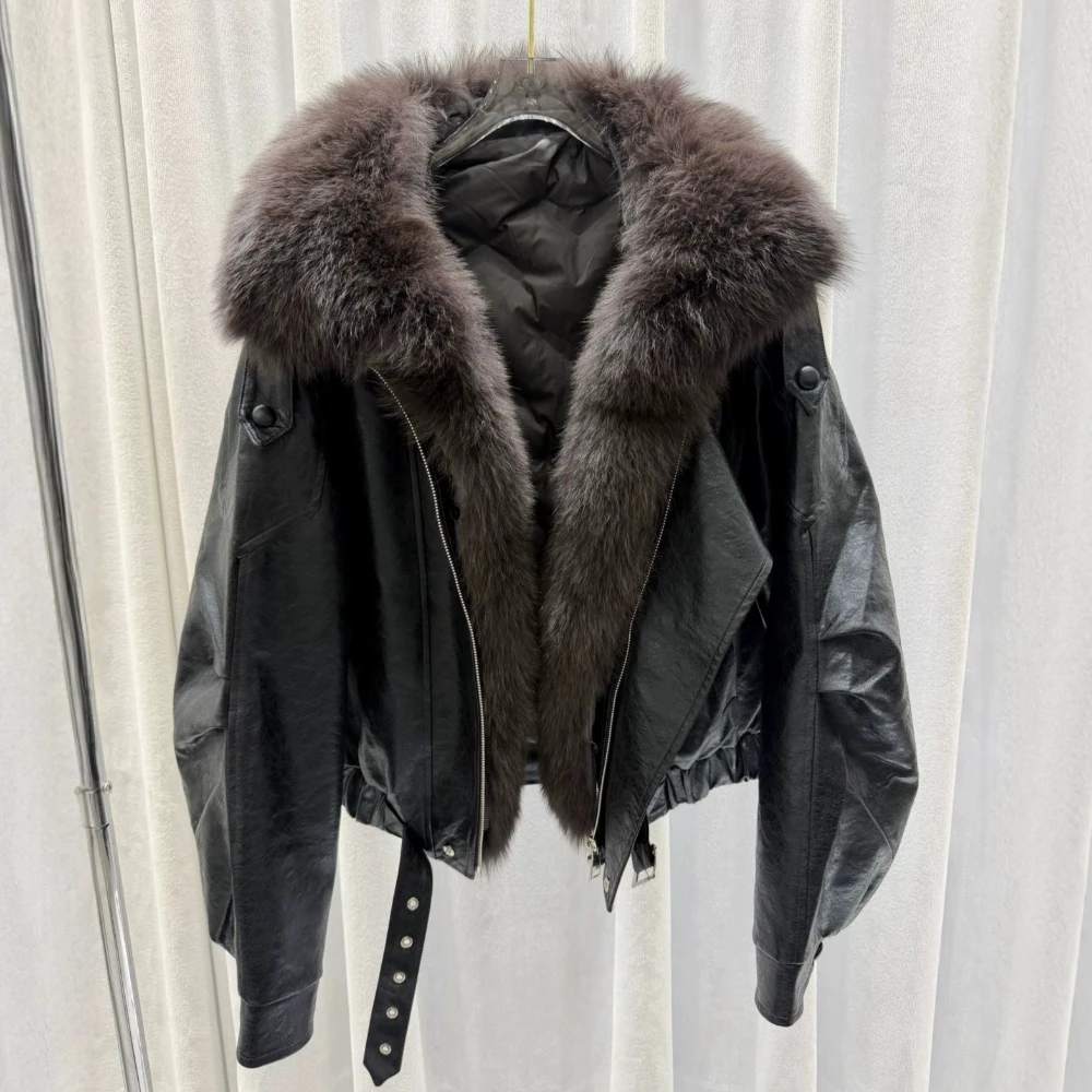 Women's Leather Jacket Soft Goose Down Jacket with Fur Collar Belted  Fur Outerwear Zipper Closure Ultra Warm for Street Style